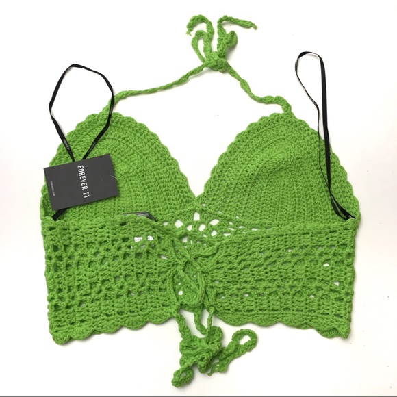 F21 Lime Green Crochet Cropped Cami Halter Top - Picture 4 of 5